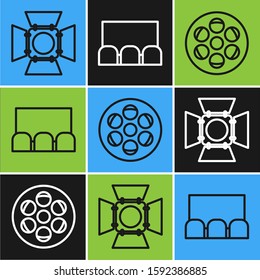 Set line Movie spotlight , Film reel  and Cinema auditorium with screen and seats  icon. Vector