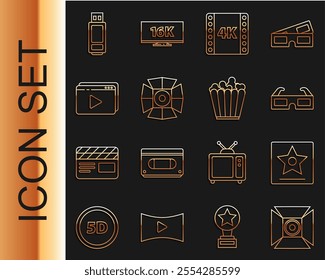 Set line Movie spotlight, Hollywood walk of fame star, 3D cinema glasses, 4k movie, tape, frame, Online play video, USB flash drive and Popcorn box icon. Vector