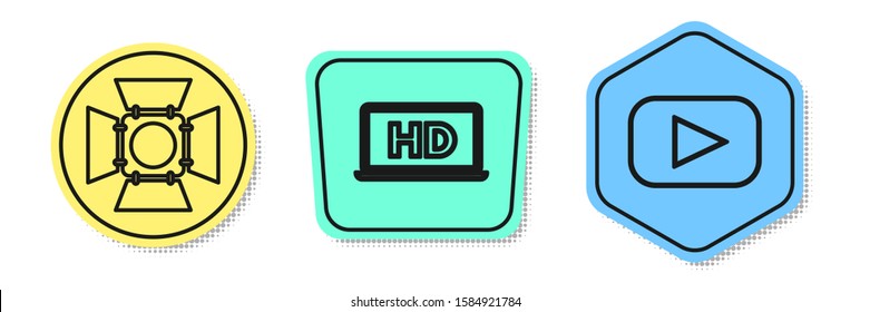 Set line Movie spotlight , Laptop screen with HD video technology  and Play . Colored shapes. Vector