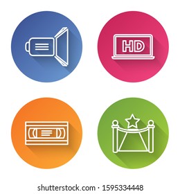 Set line Movie spotlight , Laptop screen with HD video technology , VHS video cassette tape  and Carpet with barriers and star . Color circle button. Vector