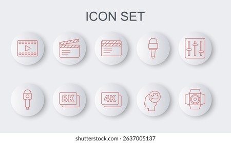Set line Movie spotlight, Microphone, clapper, Head with camera, Play Video, 8k Ultra HD and 4k icon. Vector
