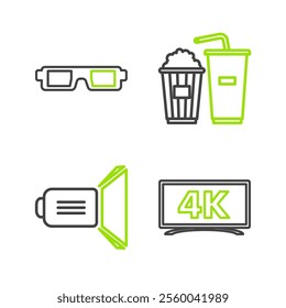 Set line , Movie spotlight, Popcorn and soda drink glass and 3D cinema glasses icon. Vector