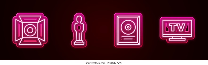 Set line Movie spotlight, trophy, CD disk award in frame and Smart Tv. Glowing neon icon. Vector