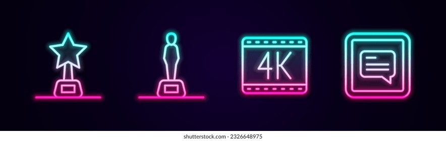 Fijar línea Trofeo de película, película de 4k y video con subtítulos. Icono de neón brillante. Vector