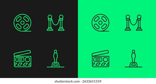 Set line Trofeo de película, clapper, carrete de película e icono de barrera de cuerda. Vector
