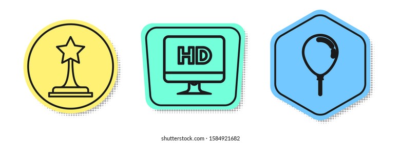 Set line Movie trophy , Computer PC monitor with HD video technology  and Balloon with ribbon . Colored shapes. Vector