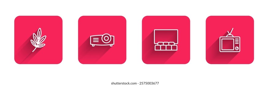 Set line Movie trophy, Movie, film, media projector, Cinema auditorium with screen and Retro tv with long shadow. Red square button. Vector