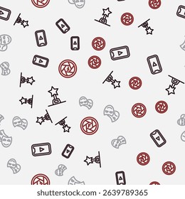 Set line Movie trophy, Online play video, Comedy and tragedy masks and Camera shutter on seamless pattern. Vector