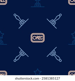 Set line Movie trophy,  and Record button on seamless pattern. Vector