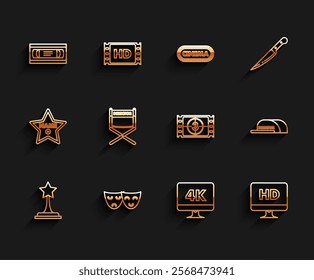 Set line Movie trophy, VHS video cassette tape, Computer PC monitor with 4k technology, HD, Director movie chair, Cap inscription director and Play Video icon. Vector