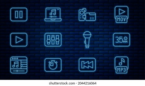 Set line MP3 file, Audio jack, Cinema camera, Sound mixer controller, Play button, Pause, Microphone and Laptop with music icon. Vector