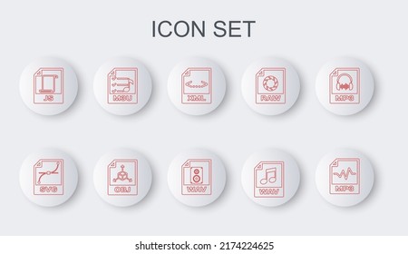 Establecer el documento de archivo MP3 de línea, SVG, XML, WAV, JS, M3U, OBJ e icono. Vector