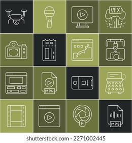 Set line MP3 file document, Retro typewriter, Gimbal stabilizer with camera, Online play video, Cinema ticket, Photo, Drone flying and Histogram graph photography icon. Vector