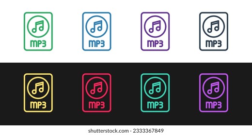 Set line MP3 file document. Download mp3 button icon isolated on black and white background. Mp3 music format sign. MP3 file symbol.  Vector