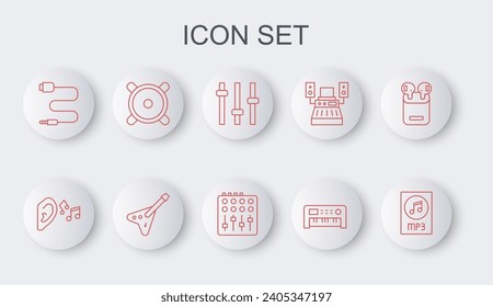 Set line MP3 file document, Ear listen sound signal, Music equalizer, synthesizer, Audio jack, Stereo speaker, Electric bass guitar and Sound mixer controller icon. Vector