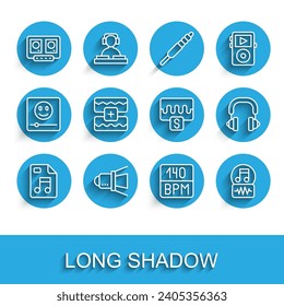 Set line MP3 file document, Movie spotlight, DJ remote and mixing music, Bitrate, Music note, tone, wave equalizer, Headphones and  icon. Vector