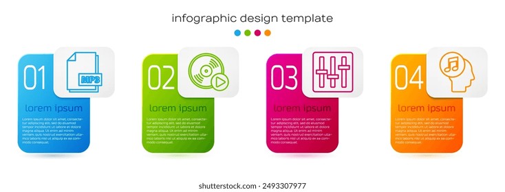 Setzen Sie Linie MP3-Datei Dokument, Vinyl-Disc, Sound-Mixer-Controller und Musical Note in menschlichen Kopf. In: Business Infographic Vorlage. Vektorgrafik