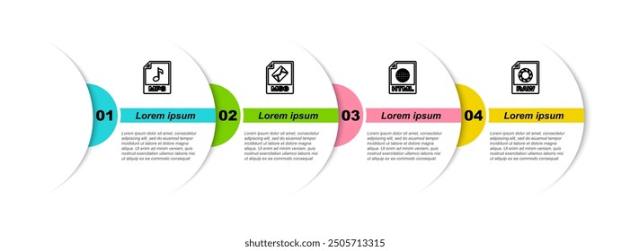 Set line MP3 file document, MSG, HTML and RAW. Business infographic template. Vector