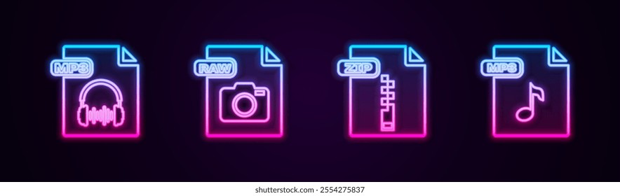 Set line MP3 file document, RAW, ZIP and . Glowing neon icon. Vector