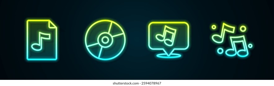 Set line MP3 file document, Vinyl disk, Music note, tone and . Glowing neon icon. Vector