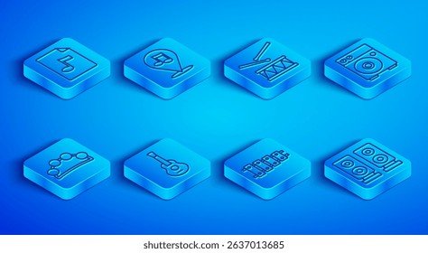 Set line MP3 file document, Location musical note, Drum with drum sticks, Guitar, Xylophone, amplifier, Tambourine and Stereo speaker icon. Vector