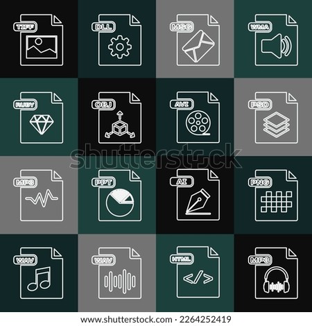Set line MP3 file document, PNG, PSD, MSG, OBJ, RUBY, TIFF and AVI icon. Vector