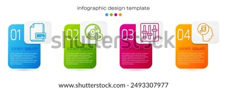 Set line MP3 file document, Vinyl disk, Sound mixer controller and Musical note in human head. Business infographic template. Vector