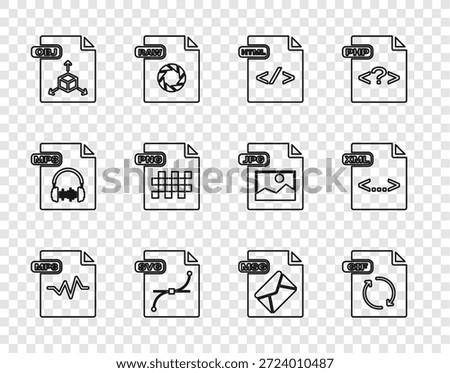 Set line MP3 file document, GIF, HTML, OBJ, PNG, MSG and XML icon. Vector