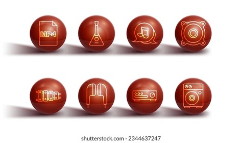 Set line MP4 file document, Xylophone, Stereo speaker, Sound mixer controller, Air headphones, Balalaika, Guitar amplifier and Music note, tone icon. Vector