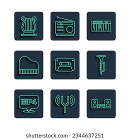 Set line MP4 file document, Musical tuning fork, Home stereo with two speakers, synthesizer, Retro audio cassette tape, Grand piano, Ancient Greek lyre and Trumpet icon. Vector