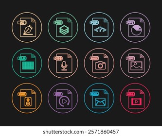 Set line MP4 file document, TIFF, PHP, OGG, XLS, AI, RAW and PSD icon. Vector