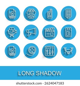 Set line MP4 file document, Film reel, MOV, Sound mixer controller, Drone flying, Megaphone, Cinema ticket and Movie clapper icon. Vector