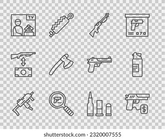 Set line MP9I submachine gun, Buying pistol, Hunting, Pistol or search, Advertising weapon, Wooden axe, Bullet and Weapons oil bottle icon. Vector