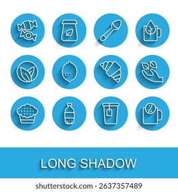 Set line Muffin, Bottle of water, Candy, Cup with tea bag, Tea time, Lemon, leaf hand and Croissant icon. Vector
