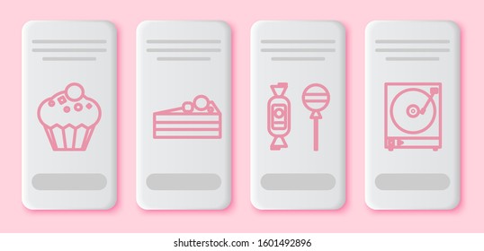 Set line Muffin , Cake , Lollipop  and Vinyl player with a vinyl disk . White rectangle button. Vector