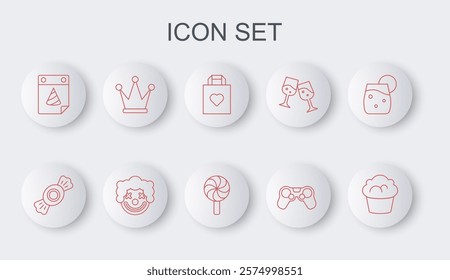 Set line Muffin, Candy, Shopping bag with heart, Gamepad, Calendar party, Crown, Clown head and Lollipop icon. Vector