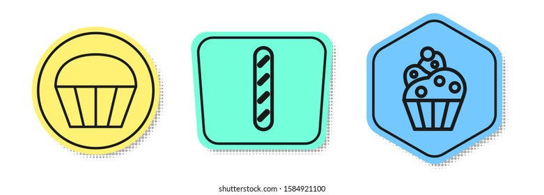 Set line Muffin , French baguette bread  and Cupcake . Colored shapes. Vector