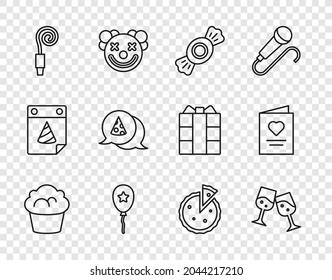 Set line Muffin, Glass of champagne, Candy, Balloon with ribbon, Birthday party horn, Slice pizza, Homemade pie and Postcard heart icon. Vector