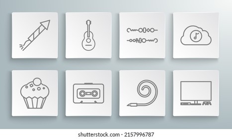 Set line Muffin, Guitar, Retro audio cassette tape, Birthday party horn, Video game console, Grilled shish kebab, Music streaming service and Firework rocket icon. Vector