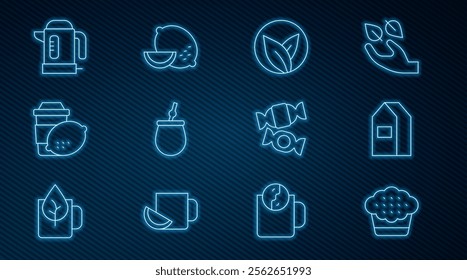 Set line Muffin, Paper package for milk, Tea leaf, Mate tea, Cup of with lemon, Electric kettle, Candy and Lemon icon. Vector