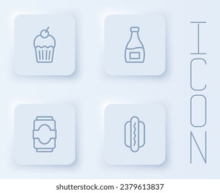 Set line Muffin, Sauce bottle, Soda can and Hotdog. White square button. Vector