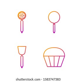 Set line Muffin , Spatula , Strainer spoon  and Frying pan . Gradient color icons. Vector