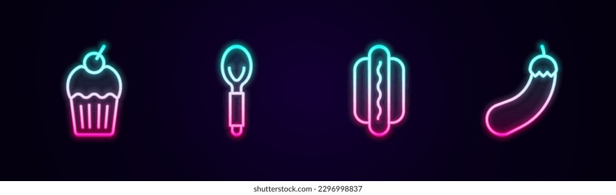 Set line Muffin, Spoon, Hotdog and Eggplant. Glowing neon icon. Vector