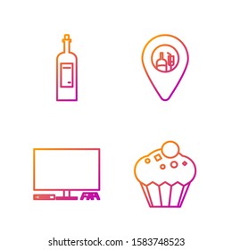 Set line Muffin , Video game console , Bottle of wine  and Alcohol or beer bar location . Gradient color icons. Vector