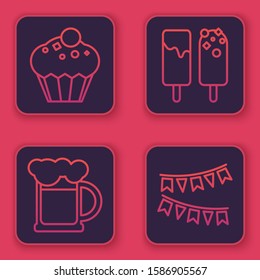 Set line Muffin , Wooden beer mug , Ice cream  and Carnival garland with flags . Blue square button. Vector