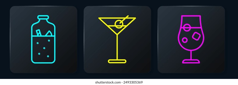 Set line Mulled wine, Cocktail and alcohol drink and Martini glass. Black square button. Vector