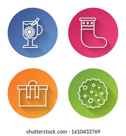 Set line Mulled wine with glass of drink, Christmas stocking, Gift box and Cookie or biscuit with chocolate. Color circle button. Vector