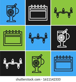 Set line Mulled wine with glass of drink, Christmas lights and Calendar icon. Vector