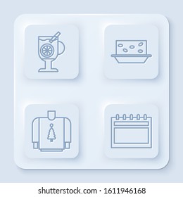 Set line Mulled wine with glass of drink, Nougat with nuts, Christmas sweater and Calendar. White square button. Vector