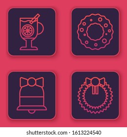 Set line Mulled wine with glass of drink, Merry Christmas ringing bell, Christmas wreath and Christmas wreath. Blue square button. Vector